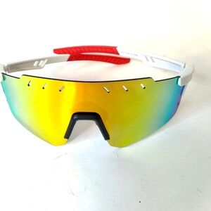 Wraparound shield visor ski sunglasses gold mirrored men hiking running cycling